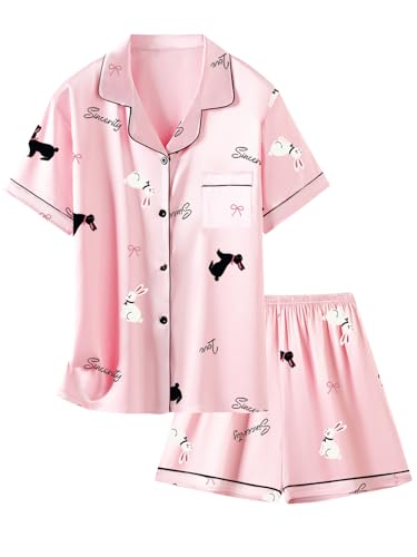 Image of Schbbbta Girls Womens Pajamas, Satin Silky Pjs Set Kids 2Pcs Button-Down Nightwear Sleepwear Gift for Mommy and me