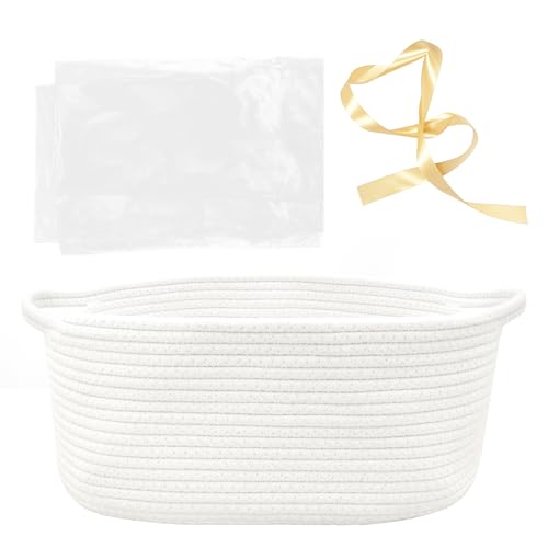 Image of Woven Basket with Gift Bags and Ribbons, 14 inchX 10 inch X 6 inch Storage Basket White | Gift Storage Organizer Basket Bin Shelf Shelves Cotton Rope Basket for Nursery, Pet Toys