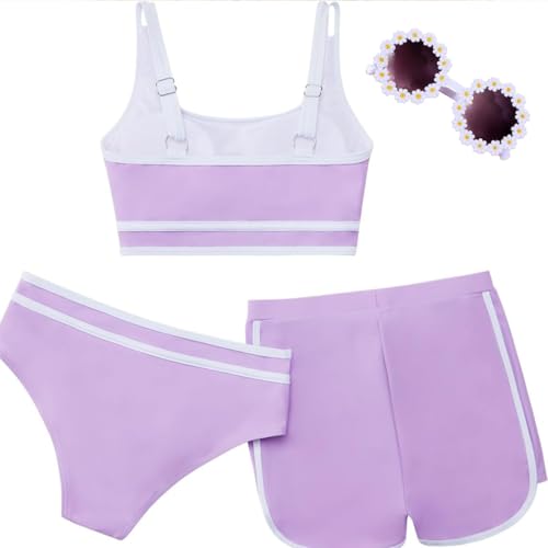 Image of Girls Swimsuits 3 Piece Bathing Suit Bikini Set with Sporty Shorts and Sunglasses Beach Swimwear for Girl 8-15 Years