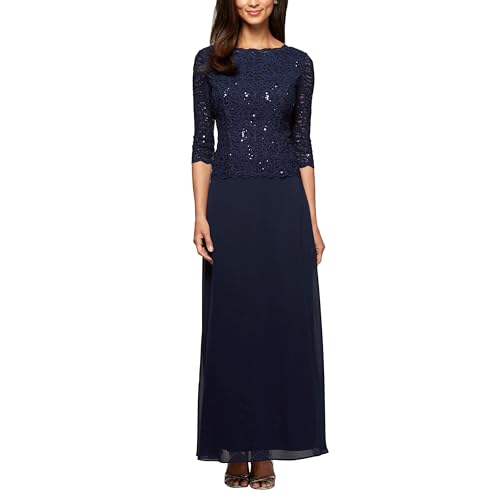 Alex Evenings Women's 3/4 Sleeve Stretch Lace Bodice One Piece Mother of The Bride Dress (Petite and Regular Sizes), Navy, 8P