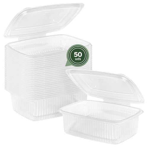 Horeca Collection MAXI PRODUCT - 50 Envases Bisagra Rectangular - Envase con Tapa - Comida para Llevar - 1000cc - 18 x 14 x 5 cm - Envase Reutilizable - APTO MICROONDAS Y CONGELADOR