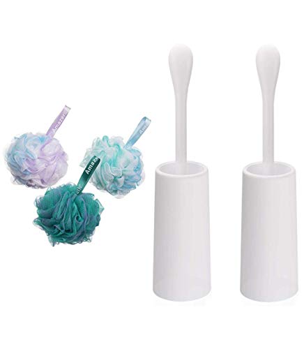 AmazerBath 2-Pack Toilet Brush and Holder and Shower Sponge Bath Loofahs for Shower 75g for Body Wash Bathroom Men Women - Set of 3 (Flower Green-Blue-Purple)