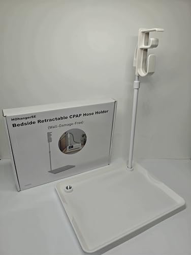 Image of Bedside Retractable CPAP Hose Holder - (Wall-Damage-Free) White Adjustable Height Hook for Hanging Mask & Tubing to Keep CPAP Supplies Tidy & Boosts Sleep Quality