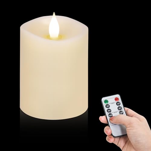 Image of 3x4 Flickering Flameless Candles Set of 1,Real Wax Pillar LED Candles with Battery,with Timer,4 inch Flameless Candles with Remote,for Christmas /Halloween /Party /Wedding,Ivory