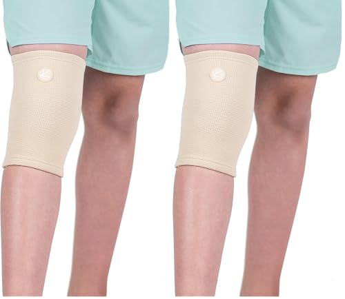 Image of KARM Kids Knee Brace Sleeve - Youth Knee Compression Sleeve for Kids, Child - Support for Pain, Sports, Football, Basketball, Gymnastics, Recovery, Boys & Girls (Beige) (Pack of 2)