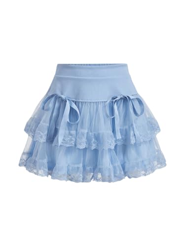 Floerns Women's High Waist Embroidery Mesh Layered Hem Bowknot Y2k Mini Skirt