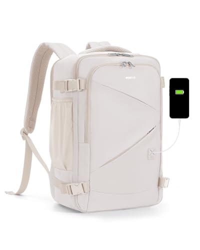 Image of ECOHUB 17 inch Small Unisex Travel Backpack United Airlines Approved 17x10x9 Friendly Suitcase Anti-Theft Lockable Zippers Style Personal Item Bag Travel Essentials with 12 Pockets Water Resistant, White