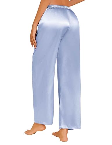Image of Ekouaer Womens Silk Satin Pajama Lounge Pants Sleep Pj Bottoms with Pockets | Silky,Loose Wide Leg,Drawstring Elastic Waist,Casual,Loose,Elegant