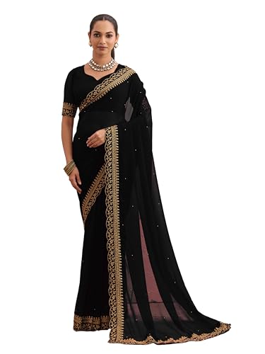 Image of Women's Georgette Embroidery Border Beads work Saree with Blouse Piece
