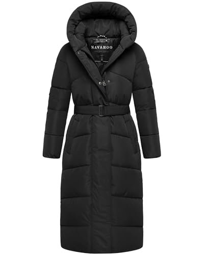 Navahoo Damen Steppmantel Lang Stepp Winterjacke gefüttert Anorak Parka mit Gürtel & Kapuze Eisblick S - XXL (DE/NL/SE/PL, Alphanumerisch, L, Regular, Regular, Schwarz)
