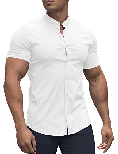 URRU Men's Muscle Dress Shirts Slim Fit Stretch Banded Collar Long&Short Sleeve Casual Button Down Shirt