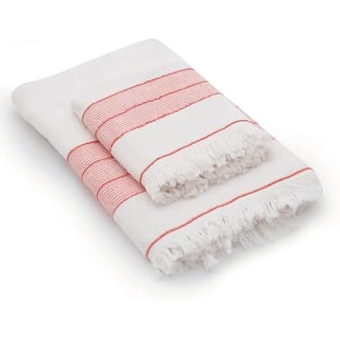 English Home Turkish Towel Set of 2, 1 Bath Towel and 1 Hand Towel, 100% Turkish Cotton Soft Quick Dry Easy Care Absorbent Lightweight Machine Washable Towels, New Retro 50x85 + 75x150 cm Ecru-Red Cover