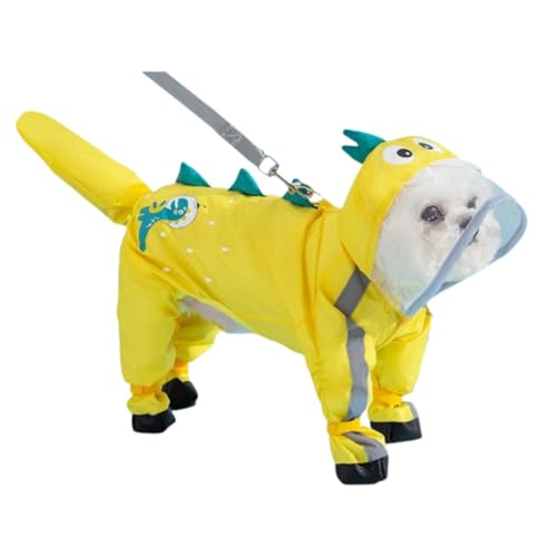 MAIBED 犬用レインコート 恐竜柄 4足フルカバー設計 小型犬 中型犬 雨具 ドッグウェア ペット 防水 超撥水材質 広いつば リード穴付き 通気性 メッシュ 反射テープ 着脱簡単 可愛い おしゃれ 梅雨対策 (黄色,S)