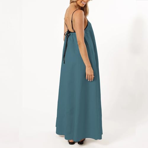 Image of Senllen Women's Linen Dress Summer Loose Flowy Sundress Contrast Spaghetti Strap Sleeveless Backless Beach Maxi Long Dresses