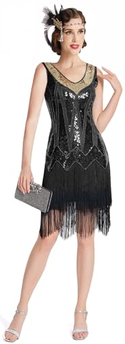 Image of Women Flapper Dresses 1920s V Neck Beaded Fringed Great Gatsby Club & Night Out Dresses