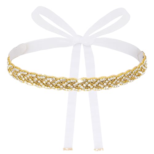 Handmade Rhinestone Bridal Belt, Gold Bridal Wedding Dress Sash Trim Crystal Belt With Ribbons for Bridal Gowns