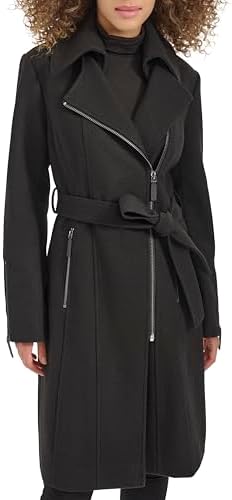 Kenneth Cole womens Wool Tweed Textured Asymmetrical Zip Belted W...