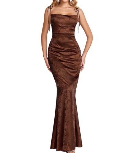 Image of GLNEGE Wedding Guest Maxi Prom Dress Lace Up Satin Formal Dresses for Women | Spaghetti Strap Cocktail Elegant Bridal Shower Wgute Dress Bodycon Mermaid Long Evening Black Tie Dresses for Women