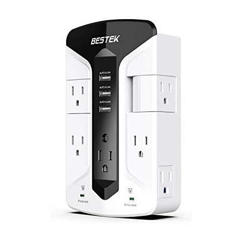 BESTEK 7-Outlet Wall Tap Surge Protector Power Strip with Swivel Outlets, 3 USB Charging Ports, 900 Joule Surge Suppression, Top Phone Holder Cover
