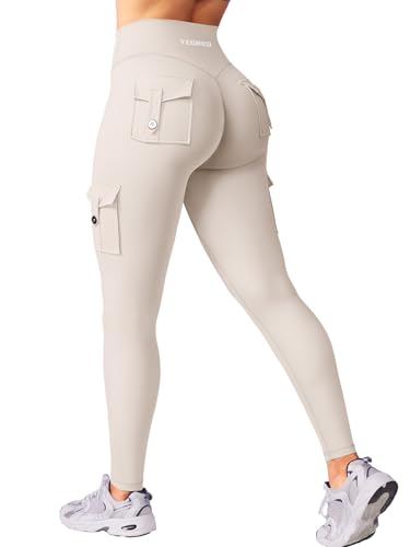 YEOREO CoreFlex Gym Workout Cargo Leggings with Pockets for Women Hidden Scrunch Butt Lifting Yoga Leggings Light Khaki S