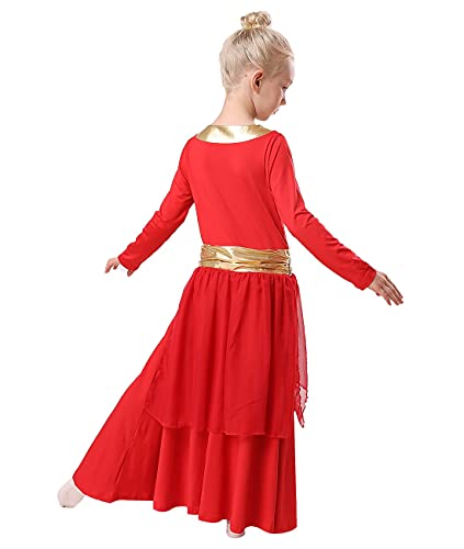 Rexreii Kids Girls Praise Dance Robe Metallic Waistband Long Sleeve Liturgical Worship Dress Chiffon Skirt Lyrical Costume Red 14-15T #TOP4
