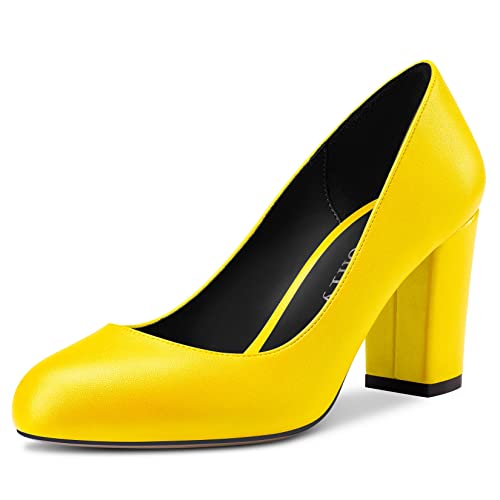 DearOnly Womens Pumps Closed Round Toe Block Chunky Mid High Heel Slip On Matte Dress Shoes Shopping Office 3 Inch