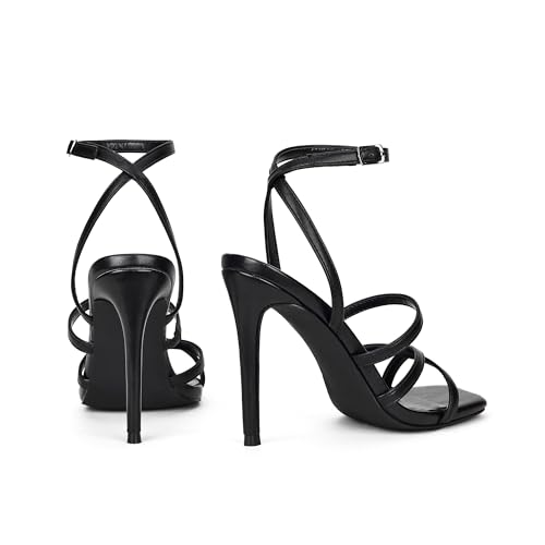 Image of Elisabet Tang Women's Crystal Stilettos Heeled Sandals, 4 Inch Square Open Toe Strappy Sexy High Heels Ankle Strap Buckle Heels for Party Wedding Dress Daily Wear Shoes