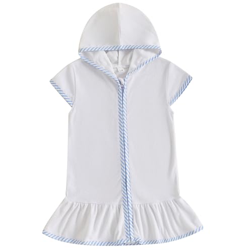 Image of Girls Boys Terry Cloth Swim Cover Up Zip Up Hooded Bathing Suit Coverup Wraps Kids Pool Beach Robe Cover-Up Kimono