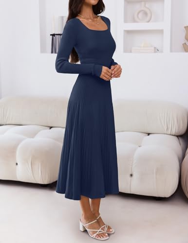 MEROKEETY Women's Sweater Dress 2025 Fall Winter Long Sleeve Square Neck Pleated Church Wedding Guest Knit Midi Dresses2