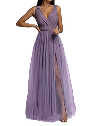 Minetom Robe de Soirée Femme Elegante Col en V A-Line sans Manches Mariage Demoiselle d'honneur Maxi Robe Longue A Violet XS