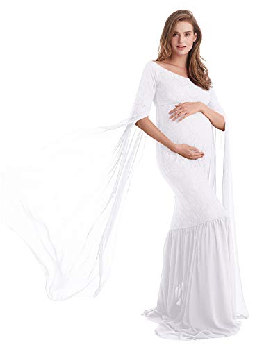 AYMENII Maternidad de manga larga de gasa vestido de fotografía de encaje vestido de sirena para la boda noche fiesta foto accesorios baby shower - blanco - Talla única Cover