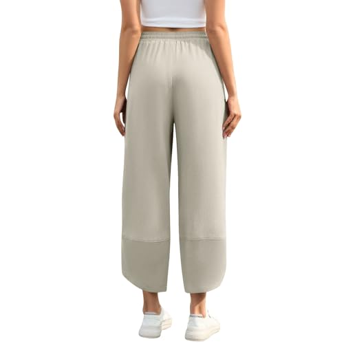 Straight Leg Linen Pants Women Elastic Waist Wide Leg Cropped Pants Lightweight Casual Barrel Sweatpants with Pockets3