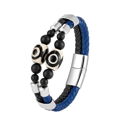 Mens Leather Bracelet Black Onyx Protection Healing Stone Bead Bracelet for Men Stainless Steel Evil Eye Clasp Cuff Bracelets Jewelry