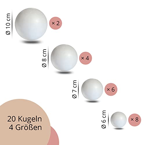 MCE-Commerce A3099320 Styropor Kugel mix 20 St. In 4 Größen 2x10cm 4x8cm 6x7cm 8x6cm, Weiss, Weiß