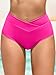 V Cut Bikini Bottoms for Women Full Coverage High Waisted Bathing Suit Swim Bottoms Cross V Front Swimsuit Hot Pink Large