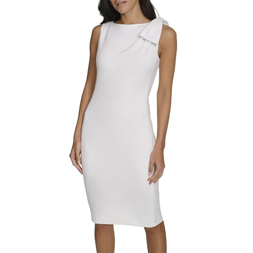 Image of Calvin Klein Women's Sleeveless Bow Shoulder Detail Knee Length Crepe Sheath Dress
