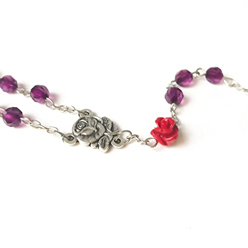 Lourdes Purple Crystal Cut Red Rose Catholic Rosary Beads for Women - Necklace and Gift4