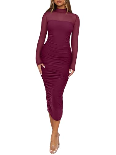 REORIA Women's Fall Mesh Sheer Long Sleeve Midi Ruched Bodycon