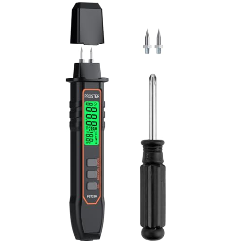 Proster Damp Meter for Walls Wood & Concrete Pin Moisture Meter with 2 Modes 7 Calibration Scales 3-Colour LCD Temperature Measurement for Timber Brick & Floor Inspection