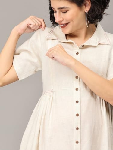 Image of The Mom Store Maternity & Nursing Midi Dress for Women | Pregnancy & Postpartum Wear | Cotton Flex Dress for New Mom | Trendy Stylish Comfortable Feeding Dress for Womens | Causal Office Formal Wear