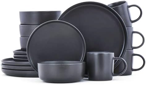 Famiware Dinnerware Set, 16 Piece Dishes Set, Plates and Bowls Set for 4, Black Matte