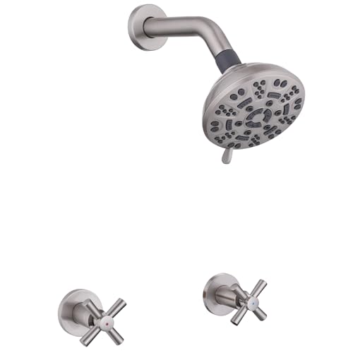 YANCASENO 2 Handle Shower Faucet,Wall Mounted Two Handles Shower Faucet Set with 8 Modes Rainfall Shower Head,2 Knobs Single Function Shower Trim Kit with Rough-in Valve,Brushed Nickel