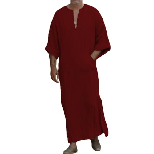 Muslim Thobe for Men Half Sleeve Kaftan Thobe Big and Tall Caftans Loose Casual Cotton Arab Robe with Side Pocket