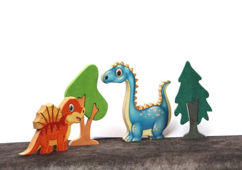 Image of Handcrafted Wooden Colourful Dinosaur Toys | Realistic Miniature Animal Figures | Educational Dino Pretend Play Animal Toys for Kids aged 2 years and over | Multicolour Figures - Set of 5