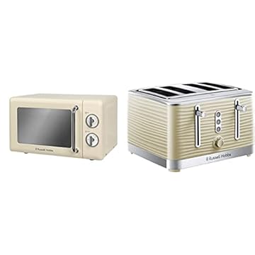 Russell Hobbs RHRETMM705C 17 L 700 W Cream Compact Retro Solo Manual Microwave & 24384 Cream Inspire 4 Slice Toaster, Wide Slot with Lift and Look Feature, High Gloss Chrome Accents, 1800 W