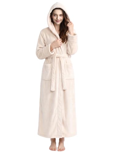 Image of Hellomamma Long Hooded Robe for Women Luxurious Flannel Fleece Full Length Bathrobe Winter Warm Pajamas Shower Nightgown