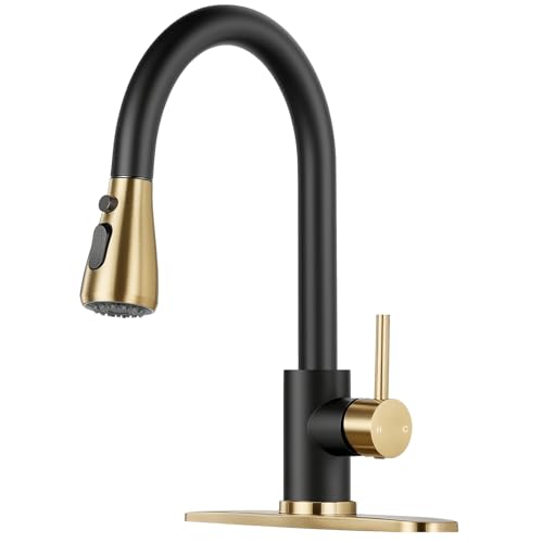 Image of Black & Gold Kitchen Faucet with Pull Down Sprayer and Deck Plate | SUS 304 Stainless Steel, Single Handle, 3 Spray Modes, 360 Swivel Spout, RV Laundry Bar Sink, Deck Plate, NSF372 NSF61 cUPC