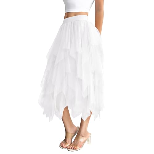 Zhiaek Saia tule mulher cintura elástica saia Tutu mulher 3 camadas irregular saias balé compridas casual elegante para carnaval semana santa festa Halloween rom, Branco, M