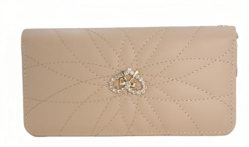 Women's Quilted Wallet with Crystal Bow, Detachable Wristband, Large Capacity Handbag, Phone Bag, Apricot, 7.67 x 3.93 inches