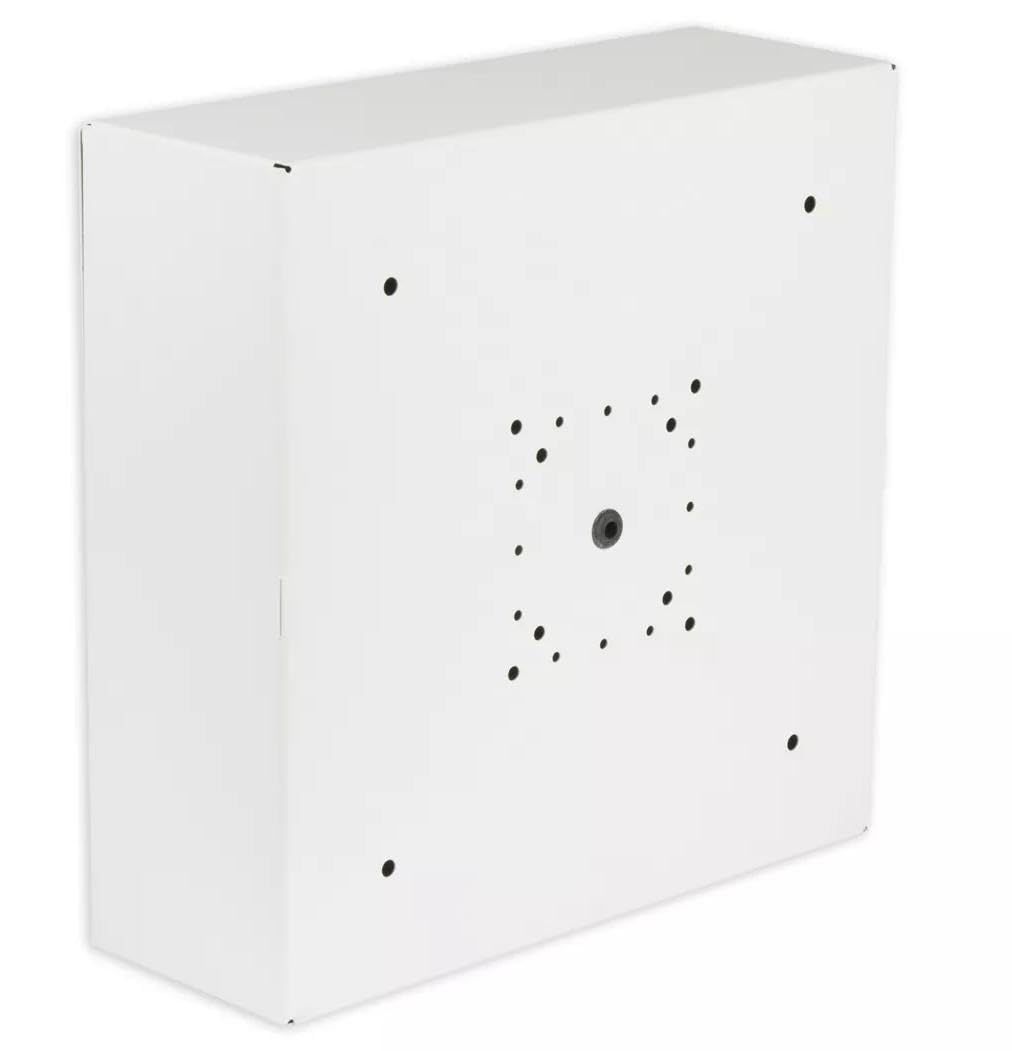 Lowell DSQ-8 Baffle for 8-Inch Speaker; Steel with Beveled Edge; Steel Grille; White Finish; Knockouts for 500 Series Wiremold on Top and Bottom; Universal Mounting Hole Pattern (Rear)